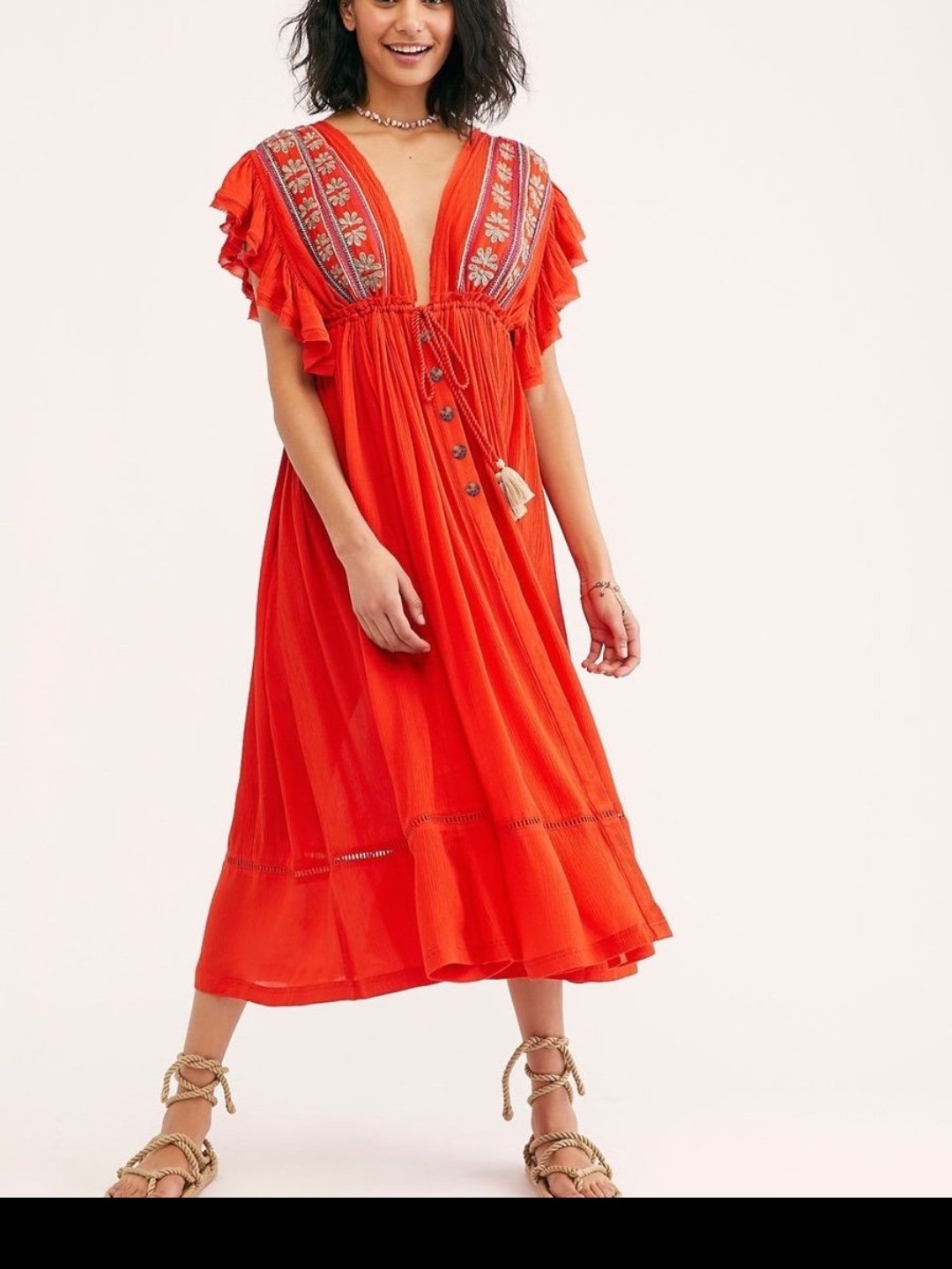 Free People Embroidered V-Neck Ruffled Midi Dress In Orangeyred